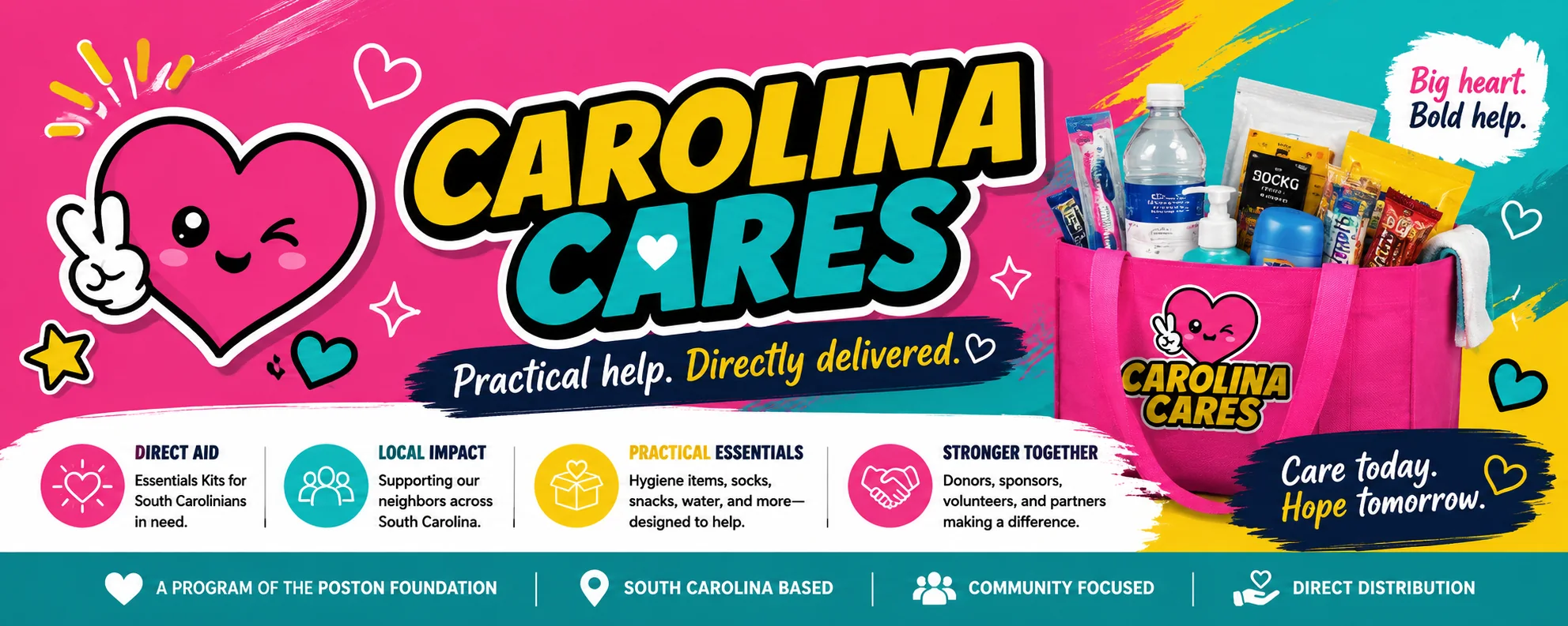 Carolina Cares Essentials Kits fundraising campaign banner with care supplies and direct-aid messaging