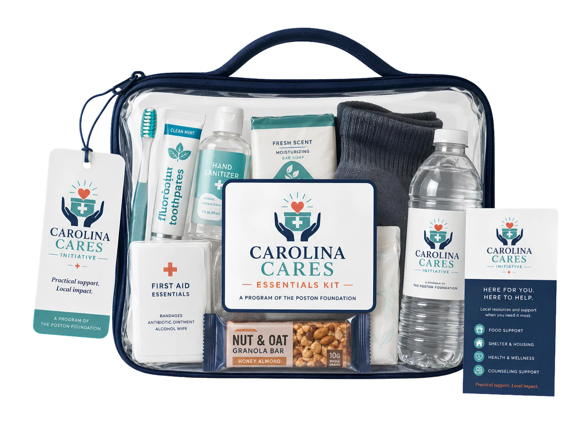 Carolina Cares Essentials Kit with hygiene supplies, first-aid basics, socks, water, snack, and resource information