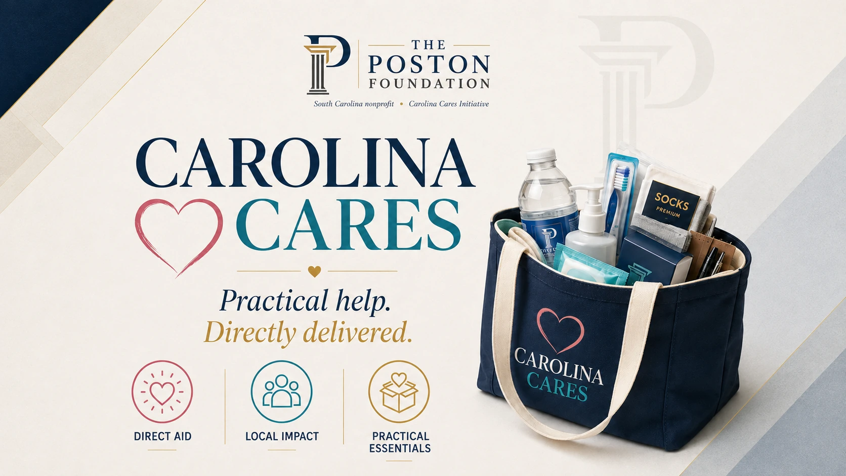 Carolina Cares Essentials Kit campaign visual showing practical hygiene, first-aid, water, and other essentials